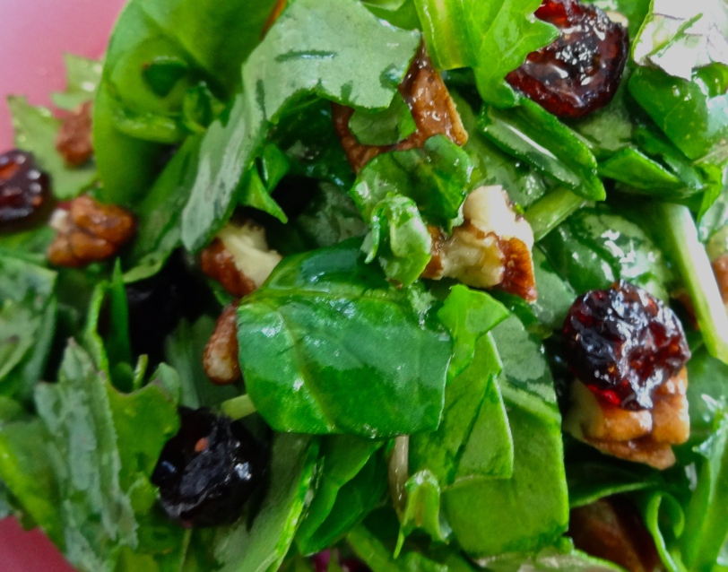  Spinach and Kale Salad with Pecans, Dried Cherries, and Maple Citrus Dressing